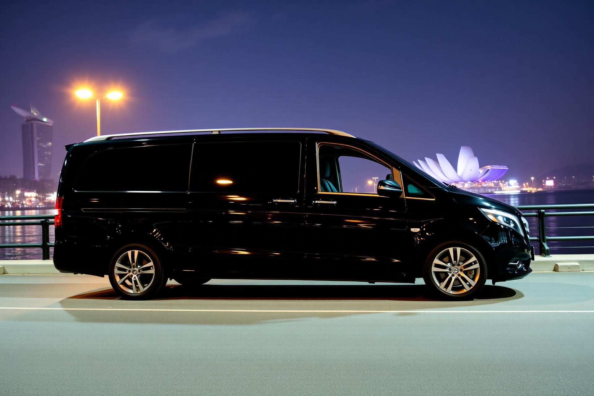 Luxury black Mercedes maxi van at Singapore Marina Bay
